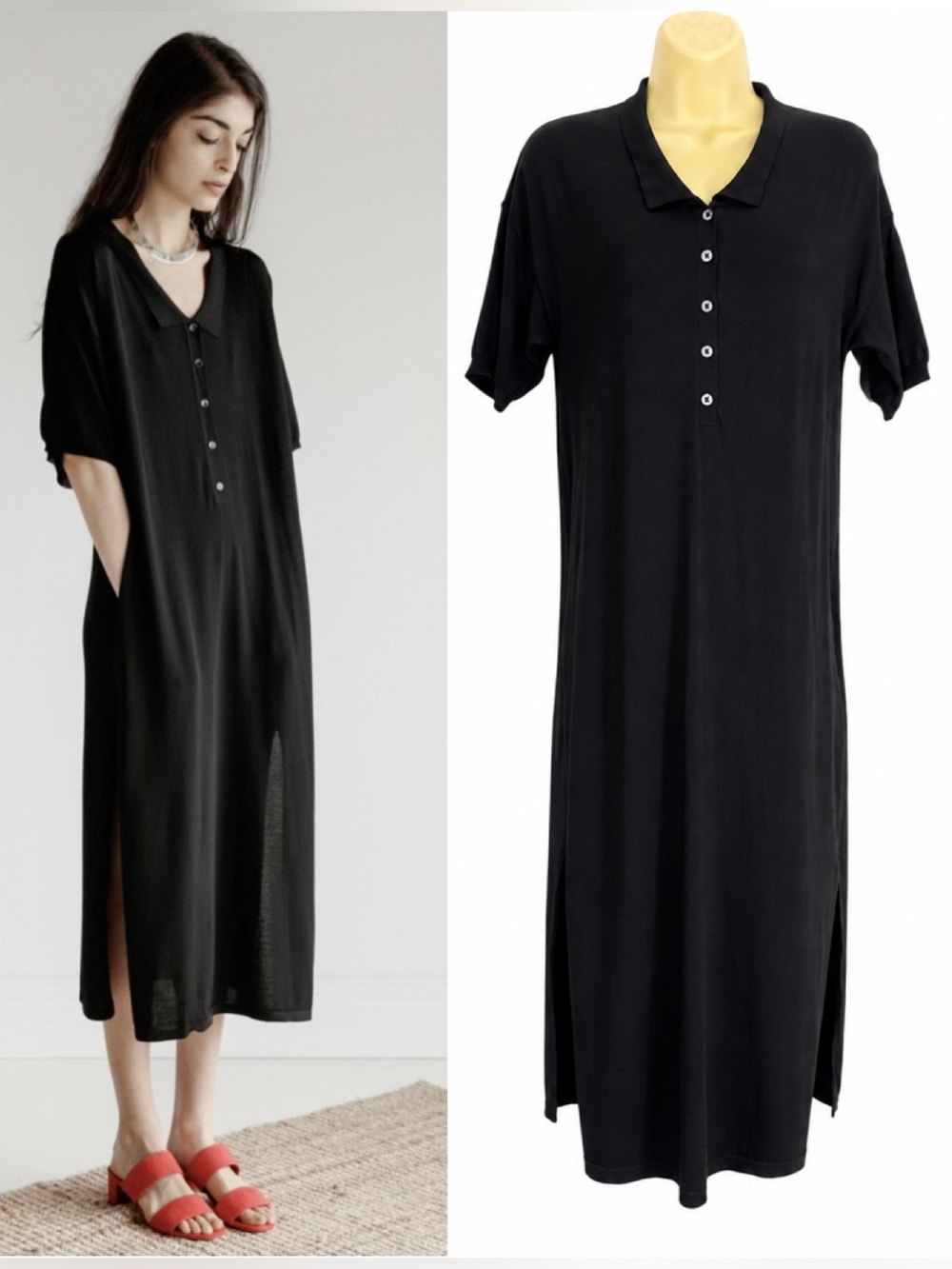 Totême Belize Knit Midi Polo Dress Black Collared Side Slit Oversized XS (s-m)